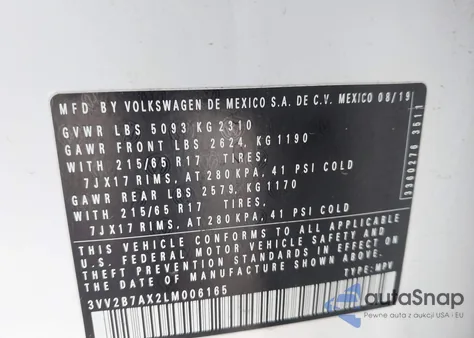 2020 Volkswagen Tiguan 2.0T Se/2.0T Se R-Line Black/2.0T Sel z USA, uszkodzony, nr VIN 3VV2B7AX2LM006165